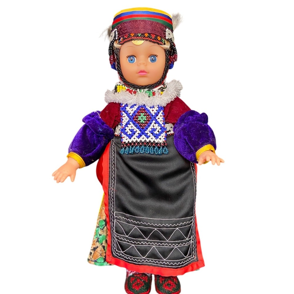 Vintage Beaded Folk Costume Girl Play Doll 16in Blonde Blue Eyes Colorful Decor